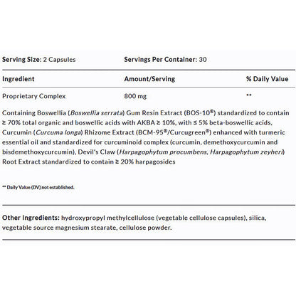 Nutritional supplement label with ingredient list and serving information.