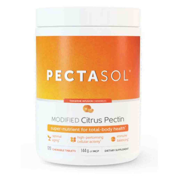 Pectasol supplement container with orange and white label on a white background