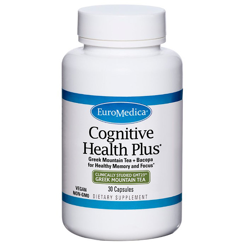 Supplement bottle labeled 'Cognitive Health Plus' by EuroMedica on a white background