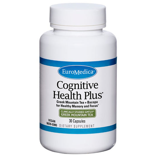 Supplement bottle labeled 'Cognitive Health Plus' by EuroMedica on a white background