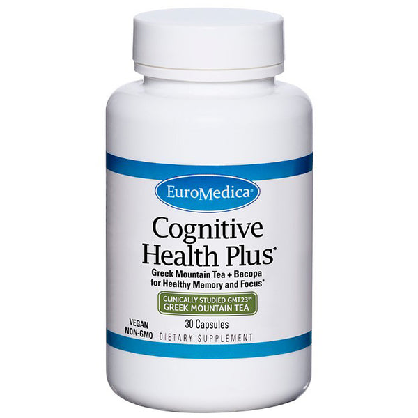 Supplement bottle labeled 'Cognitive Health Plus' by EuroMedica on a white background