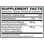 Supplement facts label for Greek Mountain Tea and Bacopa on a white background