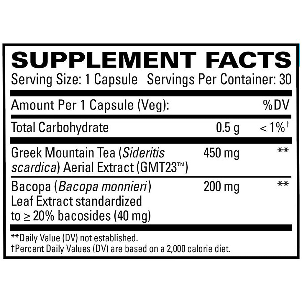 Supplement facts label for Greek Mountain Tea and Bacopa on a white background