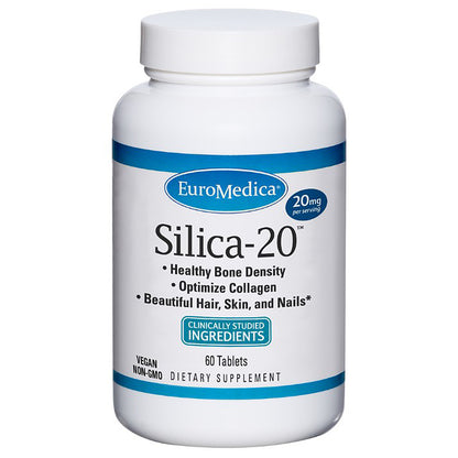 Supplement bottle labeled 'Silica-20' by EuroMedica on a white background