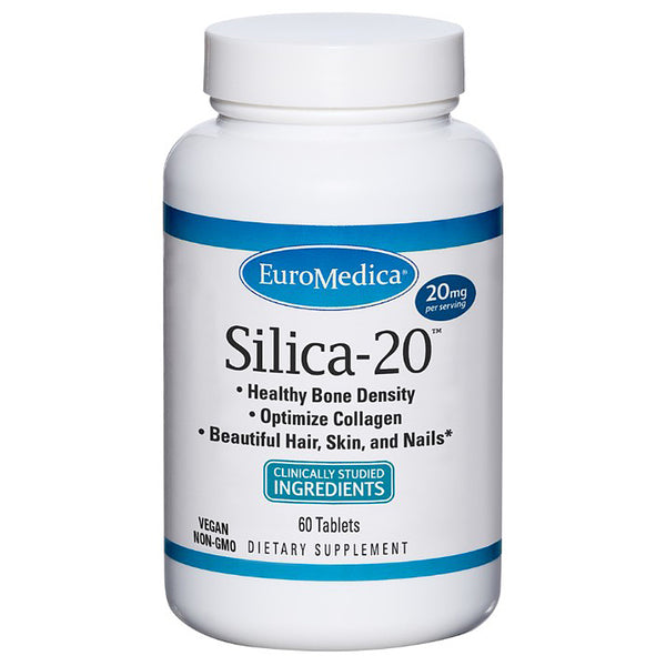 Supplement bottle labeled 'Silica-20' by EuroMedica on a white background