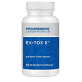 A white plastic bottle of Progressive Laboratories Ex-Tox II dietary supplement with a blue and white label, containing 90 vegetable capsules.