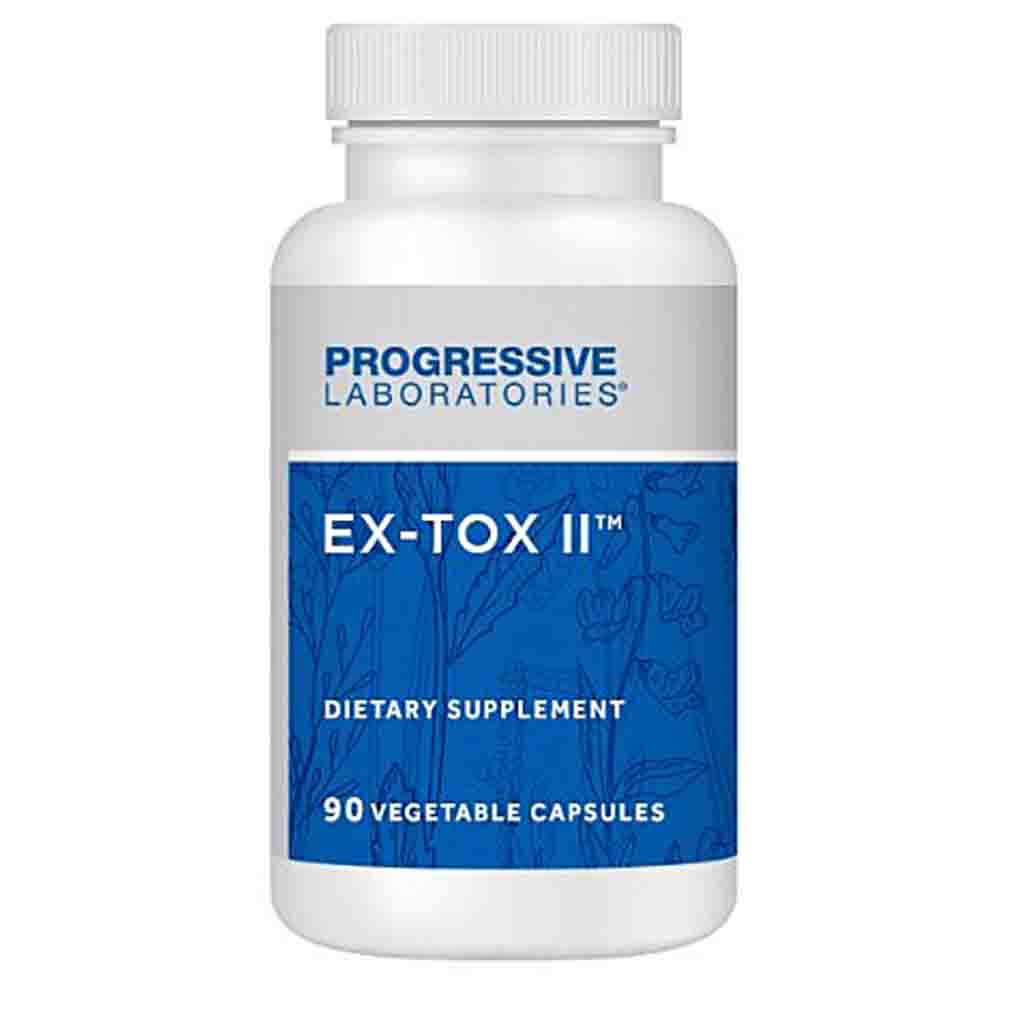 A white plastic bottle of Progressive Laboratories Ex-Tox II dietary supplement with a blue and white label, containing 90 vegetable capsules.