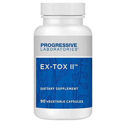 A white plastic bottle of Progressive Laboratories Ex-Tox II dietary supplement with a blue and white label, containing 90 vegetable capsules.