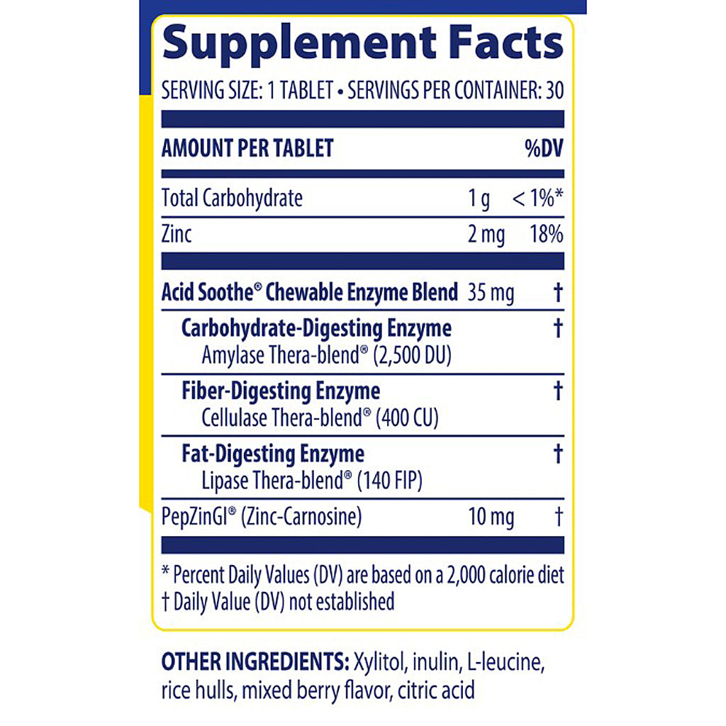 Supplement facts label for Acid Soothe chewable enzyme blend with serving size and nutritional information.