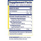 Supplement facts label for Acid Soothe chewable enzyme blend with serving size and nutritional information.