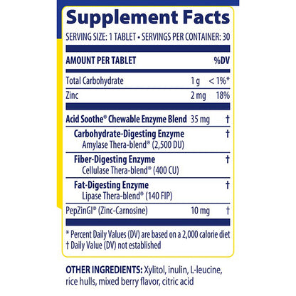 Supplement facts label for Acid Soothe chewable enzyme blend with serving size and nutritional information.