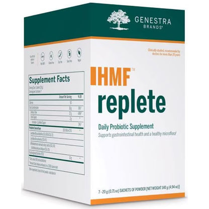 Box of Genestra Brands IHMF Replete daily probiotic supplement on a white background