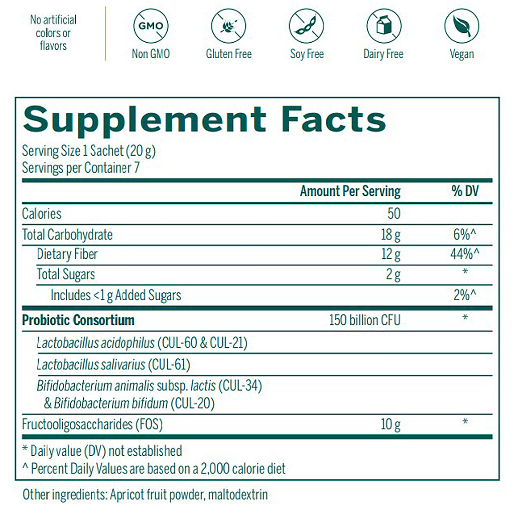 Supplement facts label with various dietary restrictions and probiotic information on a white background.