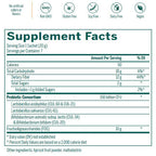 Supplement facts label with various dietary restrictions and probiotic information on a white background.