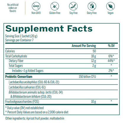 Supplement facts label with various dietary restrictions and probiotic information on a white background.