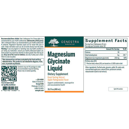 Label of Genestra Brands Magnesium Glycinate Liquid supplement on a white background