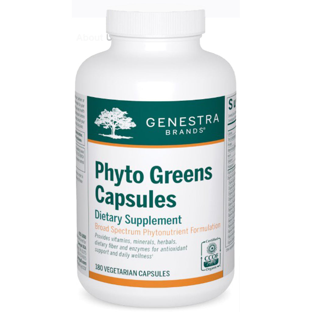 Genestra Brands Phyto Greens Capsules dietary supplement bottle on a white background
