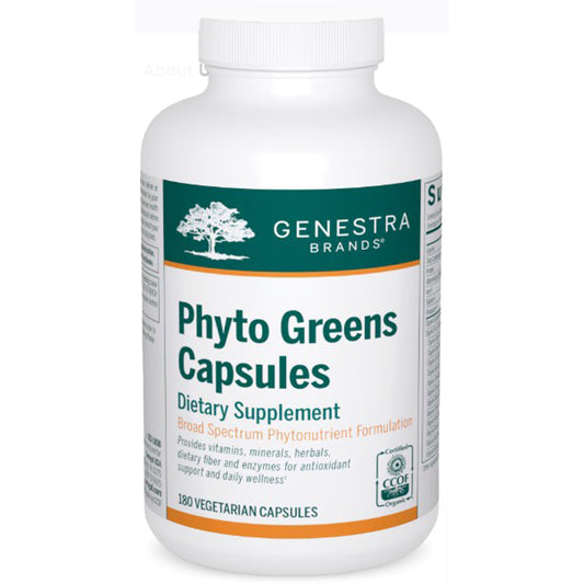 Genestra Brands Phyto Greens Capsules dietary supplement bottle on a white background