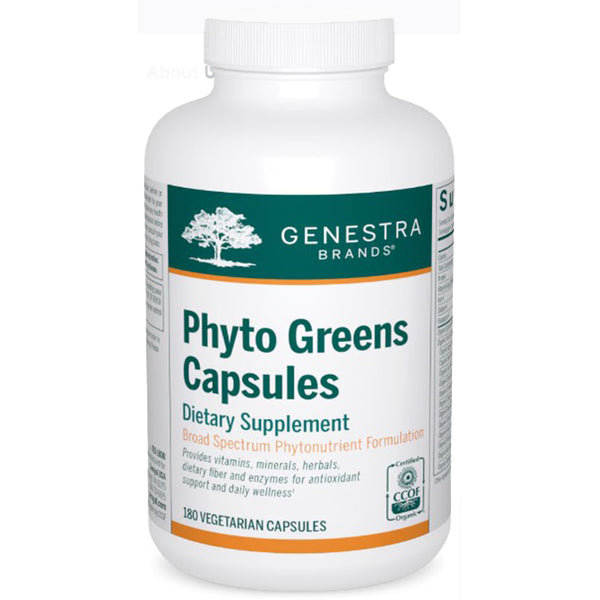 Genestra Brands Phyto Greens Capsules dietary supplement bottle on a white background