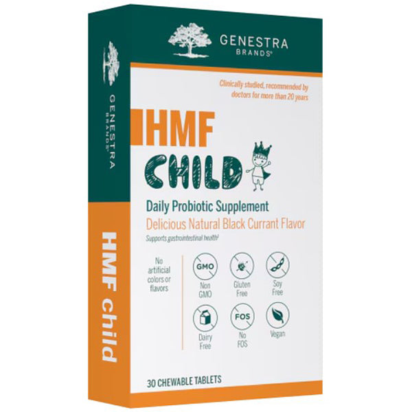 Box of Genestra Brands HMF Child Daily Probiotic Supplement on a white background