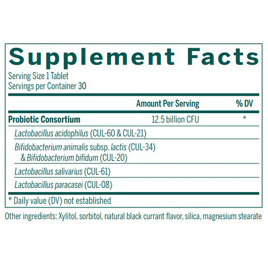 Supplement facts label with probiotic content on a white background