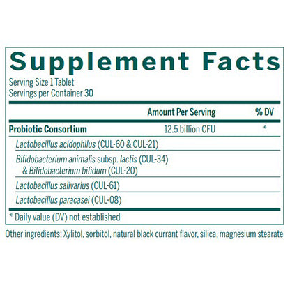 Supplement facts label with probiotic content on a white background