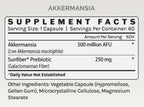 Supplement label for Akkermansia with serving size and container details.