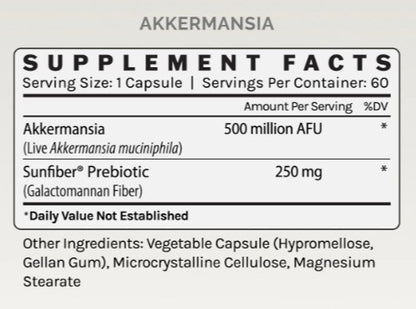 Supplement label for Akkermansia with serving size and container details.