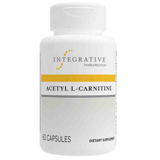 Supplement bottle labeled 'Acetyl L-Carnitine' by Integrative Therapeutics on a white background