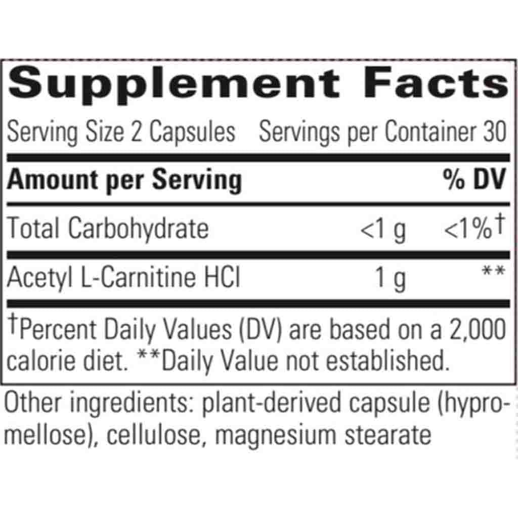 Supplement facts label for Acetyl L-Carnitine HCl capsules with serving size and container details.