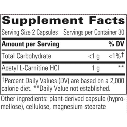 Supplement facts label for Acetyl L-Carnitine HCl capsules with serving size and container details.