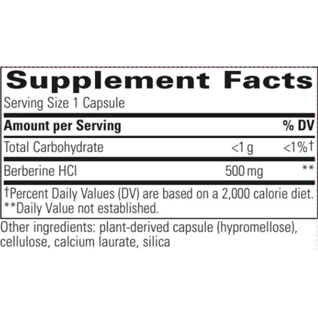 Supplement facts label for a capsule with Berberine HCl on a white background
