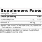 Supplement facts label for a capsule with Berberine HCl on a white background