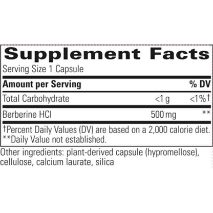 Supplement facts label for a capsule with Berberine HCl on a white background