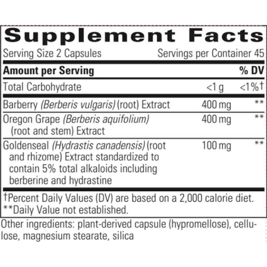 Supplement facts label with barberry, Oregon grape, and goldenseal extracts on a white background