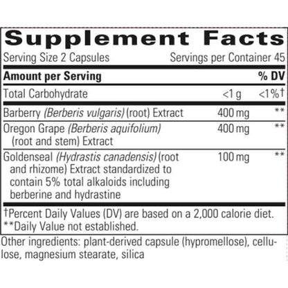Supplement facts label with barberry, Oregon grape, and goldenseal extracts on a white background