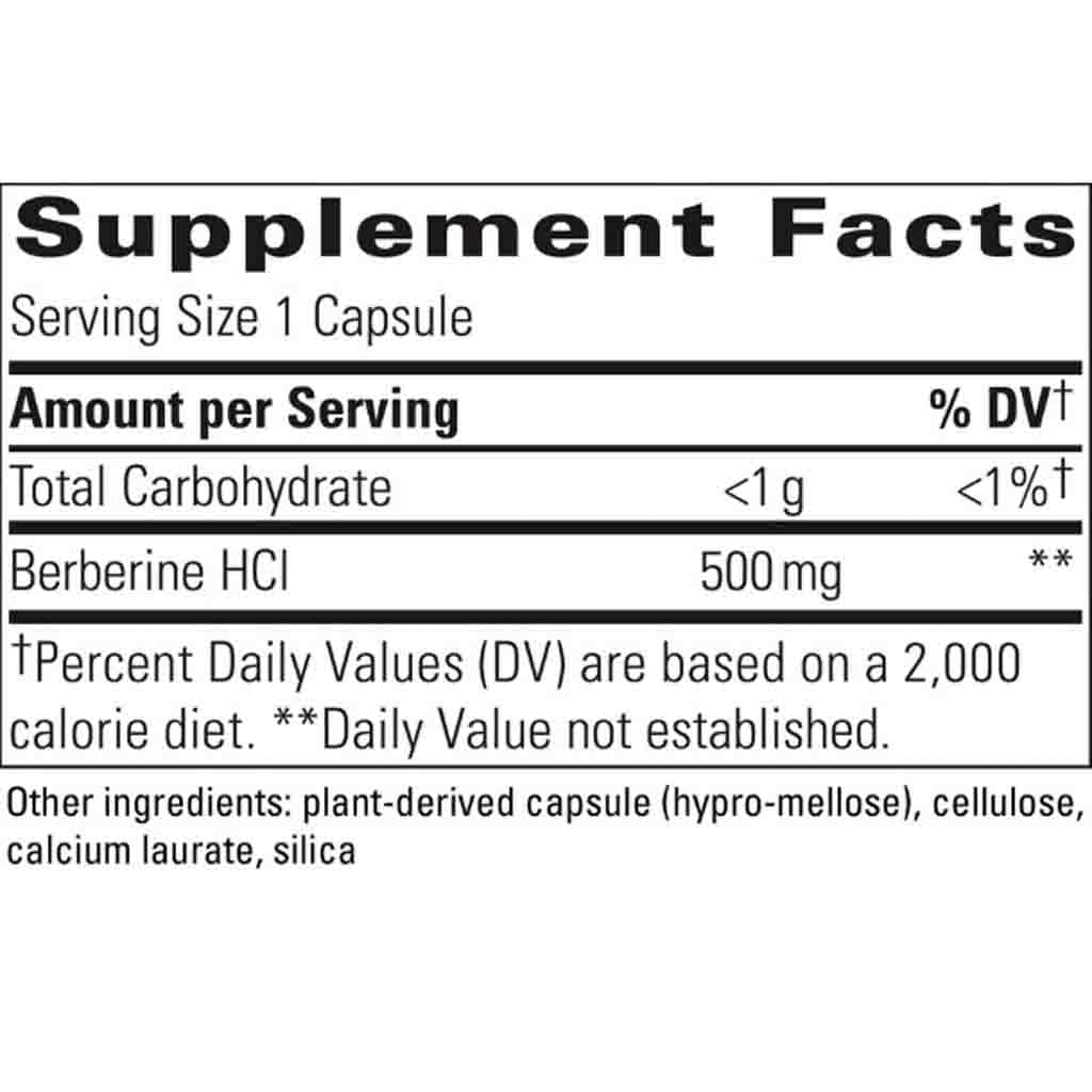 Supplement facts label for a product with Berberine HCl on a white background
