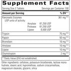 Supplement facts label for pancreatic enzymes with USP units of activity.