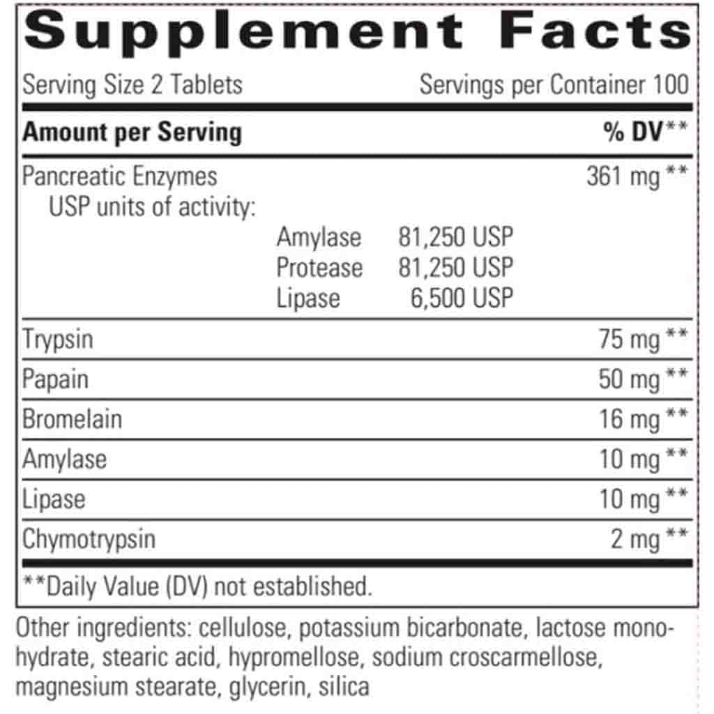 Supplement facts label for pancreatic enzymes with USP units of activity.