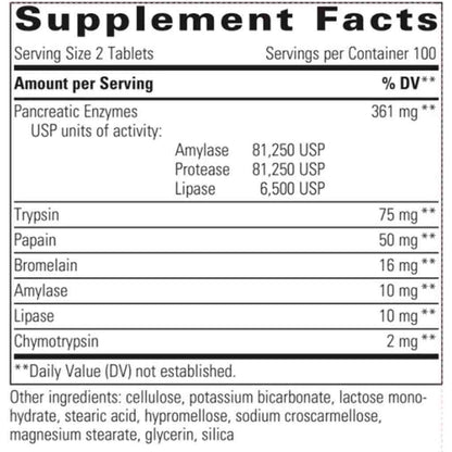 Supplement facts label for pancreatic enzymes with USP units of activity.