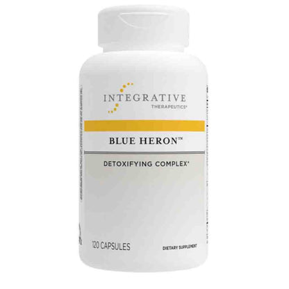Supplement bottle labeled 'Blue Heron Detoxifying Complex' by Integrative Therapeutics on a white background