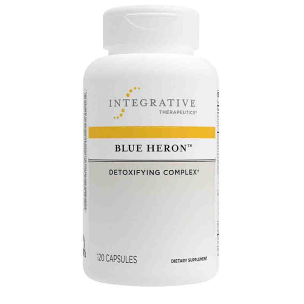 Supplement bottle labeled 'Blue Heron Detoxifying Complex' by Integrative Therapeutics on a white background