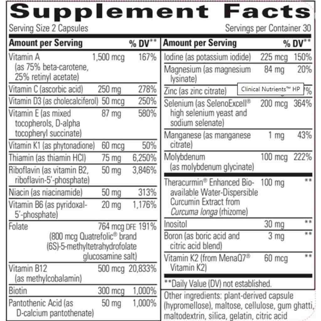 Supplement facts label with detailed nutritional information