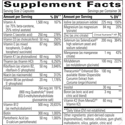 Supplement facts label with detailed nutritional information