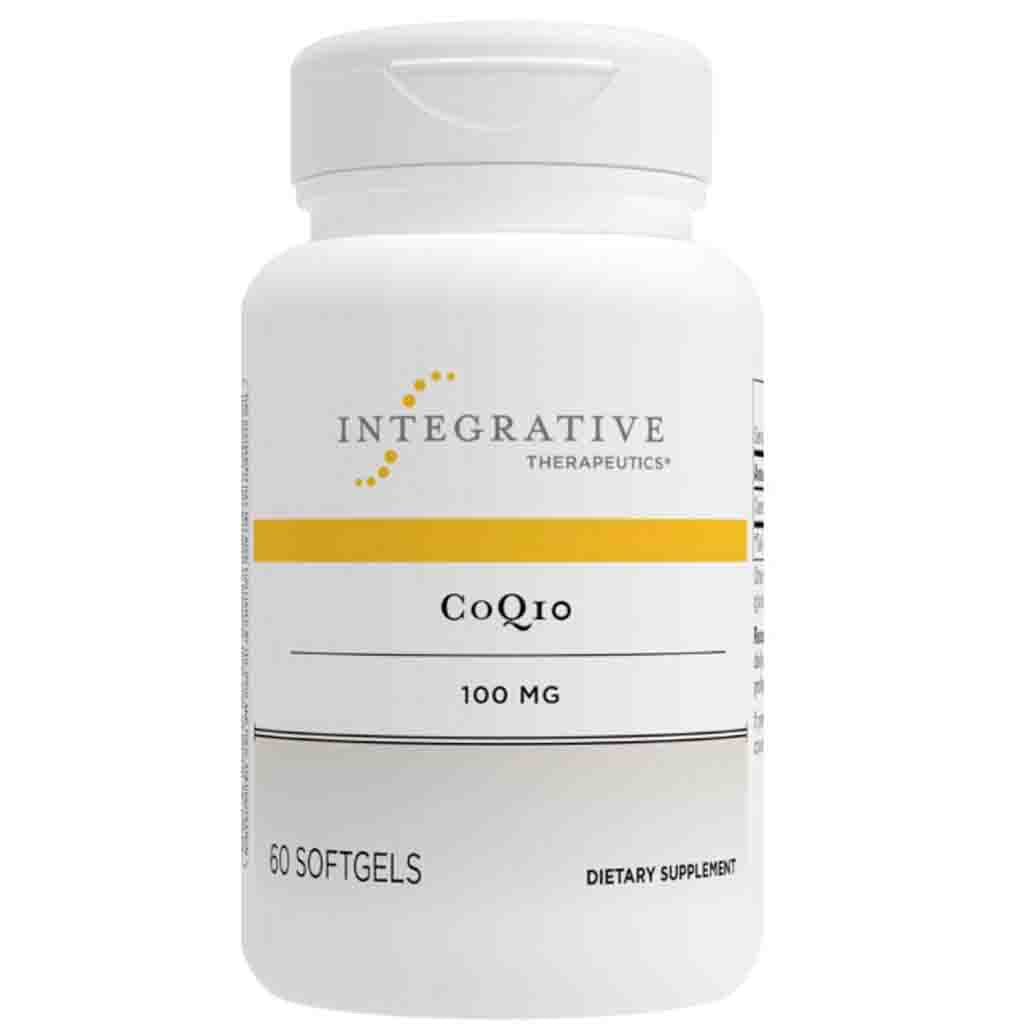 Supplement bottle labeled 'CoQ10' by Integrative Therapeutics on a white background