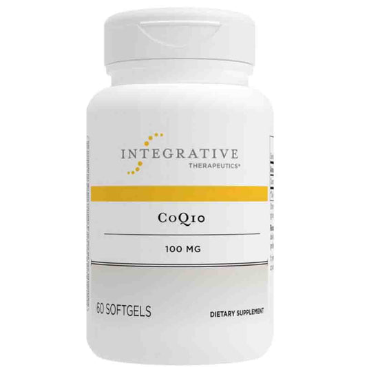 Supplement bottle labeled 'CoQ10' by Integrative Therapeutics on a white background