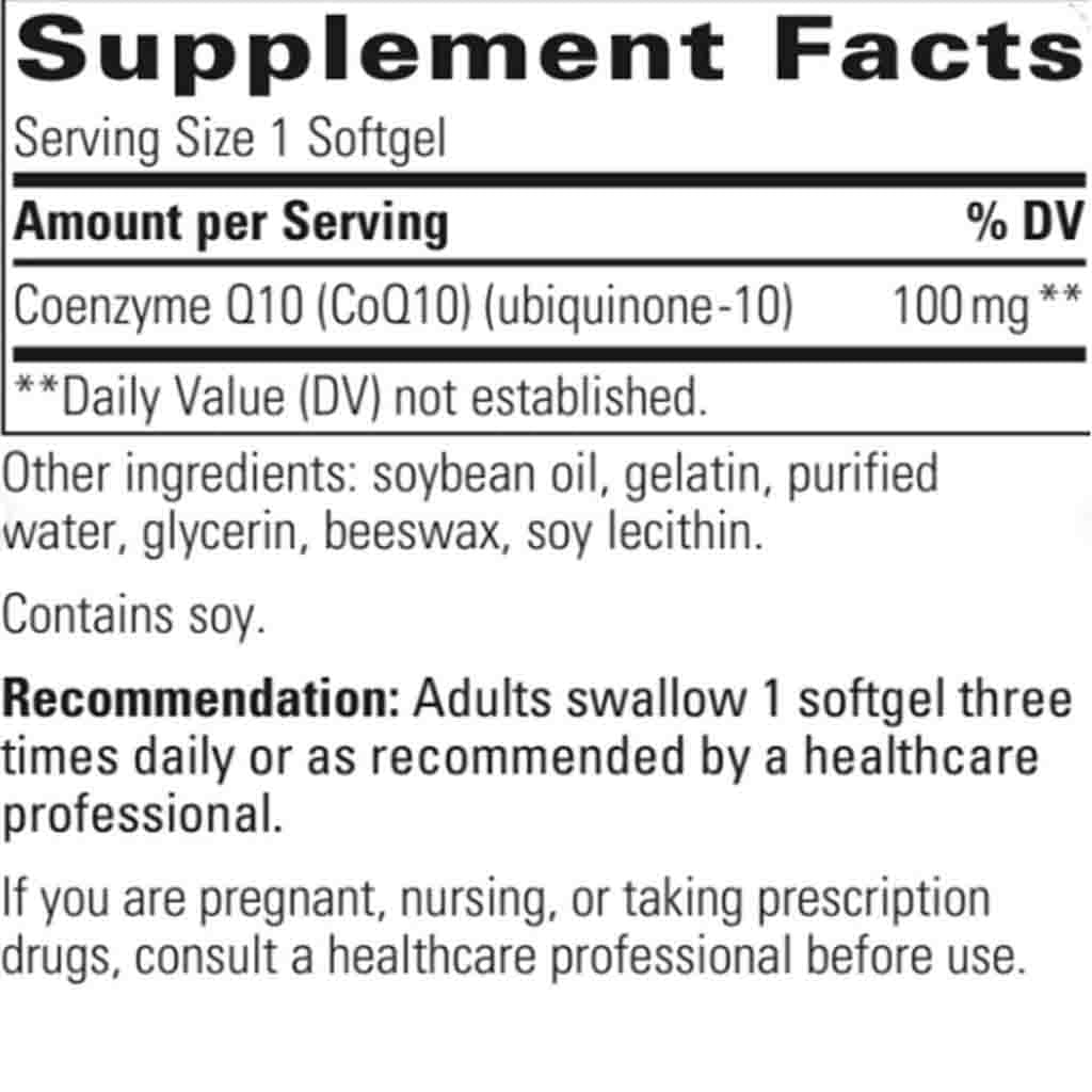 Supplement facts label for Coenzyme Q10 (CoQ10) with serving size, amount per serving, and other ingredients listed.