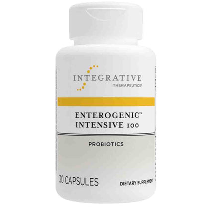 Supplement bottle labeled 'Integrative Therapeutics Enterogenic Intensive 100 Probiotics' on a white background
