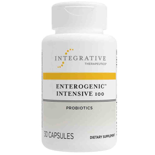 Supplement bottle labeled 'Integrative Therapeutics Enterogenic Intensive 100 Probiotics' on a white background