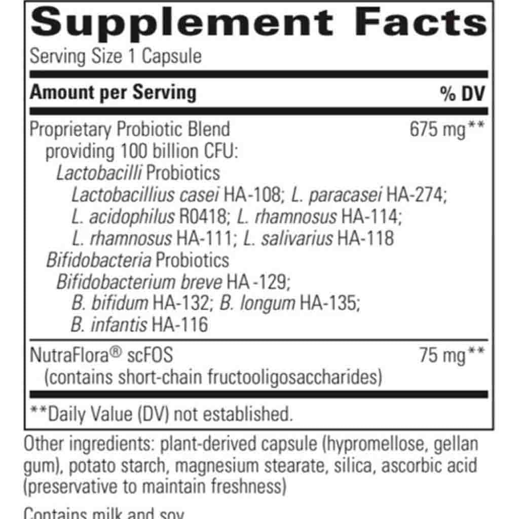 Supplement facts label for a probiotic product with detailed ingredient list.